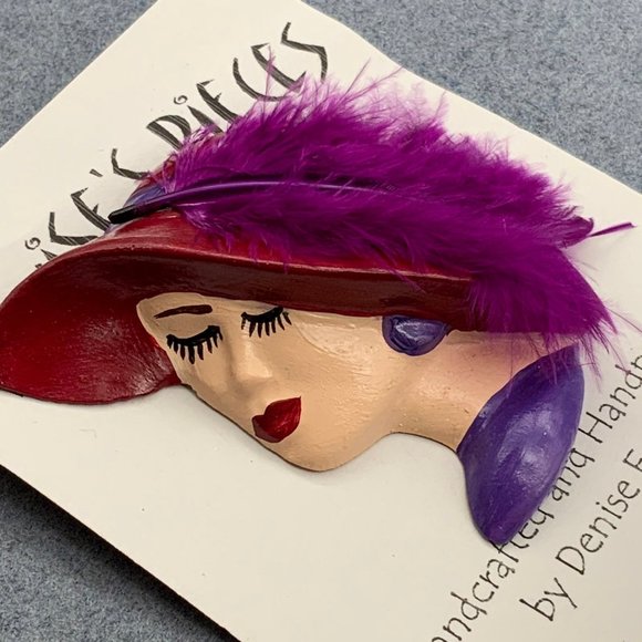 Red Hat Society Pin Brooch Plaster Red Purple Lady Feather Handmade Hand Painted - Picture 2 of 3
